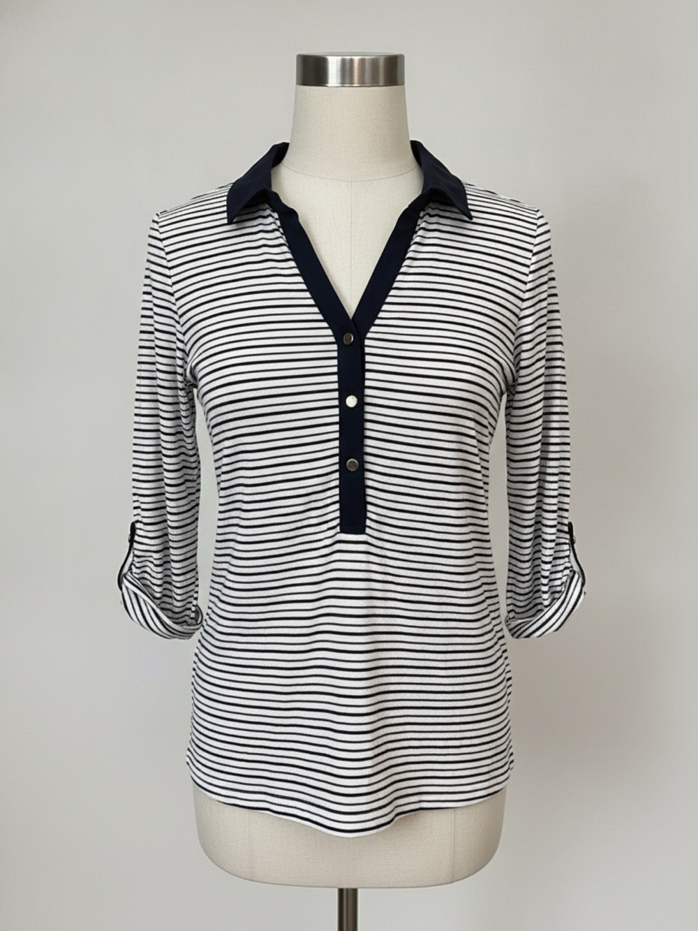 Ann Taylor Striped Button-Front Polo Top in Navy and White, XS